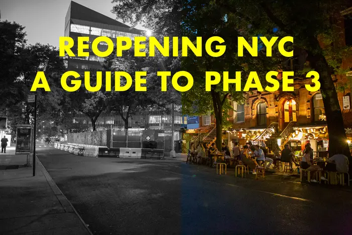 A photo of outdoor dining on the street, with the words Reopening NYC A Guide to Phase 3 over it